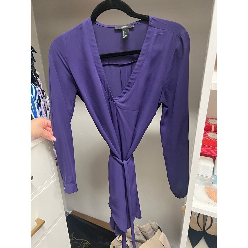 Forever21 Royal Purple V-neck tie waist long sleeve dress size S